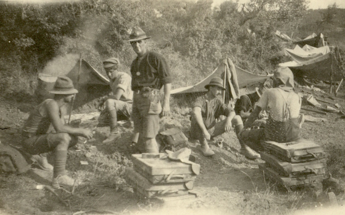The early days after the August Offensive, elements of 2nd Field Company, NZE, set up their bivvies at the foot of Hill 971 (Chunuk Bair) in Chailak Dere, Gallipoli